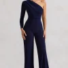 Mila | Navy One Shoulder Ruched Wide Leg Jumpsuit