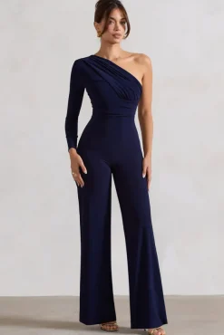 Mila | Navy One Shoulder Ruched Wide Leg Jumpsuit