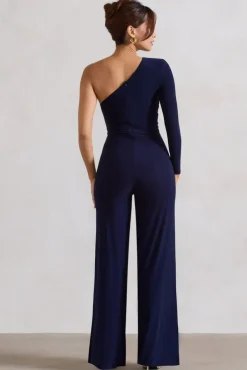 Mila | Navy One Shoulder Ruched Wide Leg Jumpsuit