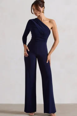 Mila | Navy One Shoulder Ruched Wide Leg Jumpsuit