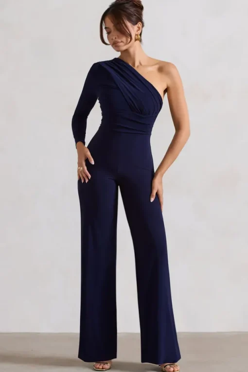Mila | Navy One Shoulder Ruched Wide Leg Jumpsuit