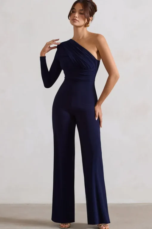 Mila | Navy One Shoulder Ruched Wide Leg Jumpsuit