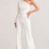 Mila | White One Shoulder Ruched Wide Leg Jumpsuit