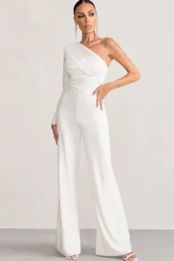 Mila | White One Shoulder Ruched Wide Leg Jumpsuit