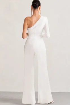 Mila | White One Shoulder Ruched Wide Leg Jumpsuit