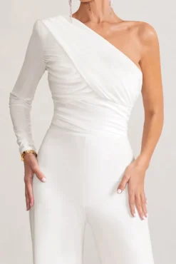 Mila | White One Shoulder Ruched Wide Leg Jumpsuit