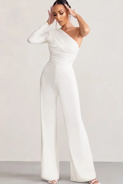 Mila | White One Shoulder Ruched Wide Leg Jumpsuit