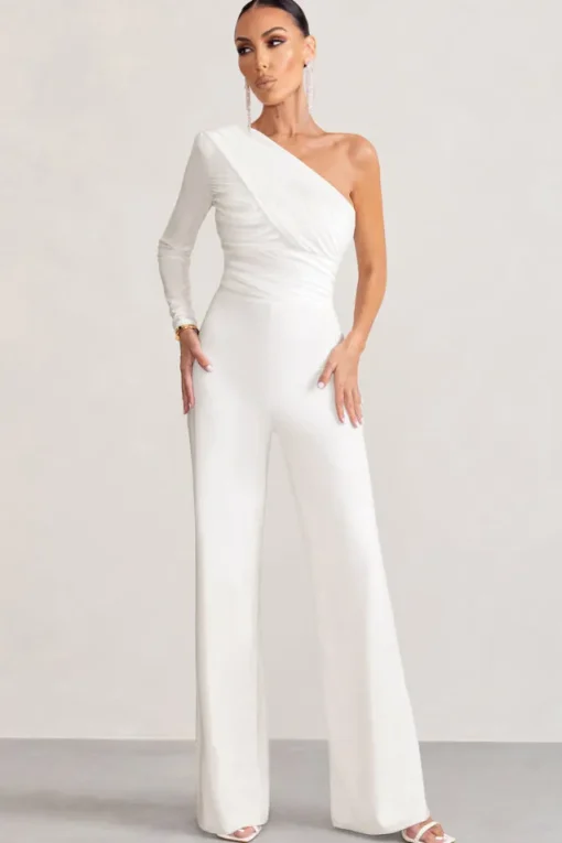 Mila | White One Shoulder Ruched Wide Leg Jumpsuit