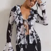 Milan | Monochrome Floral Print Ruffle Tie-Front Blouse