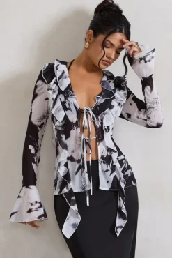 Milan | Monochrome Floral Print Ruffle Tie-Front Blouse