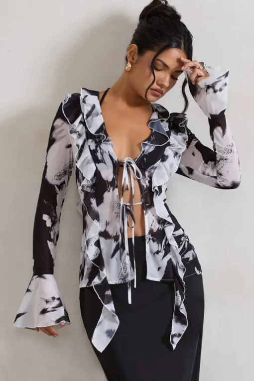 Milan | Monochrome Floral Print Ruffle Tie-Front Blouse