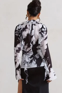 Milan | Monochrome Floral Print Ruffle Tie-Front Blouse