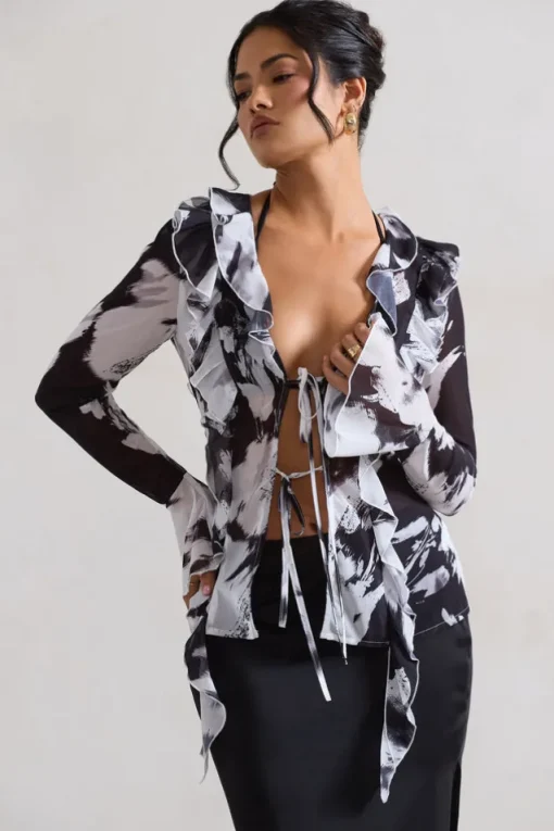 Milan | Monochrome Floral Print Ruffle Tie-Front Blouse