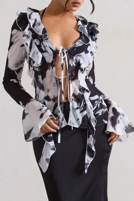 Milan | Monochrome Floral Print Ruffle Tie-Front Blouse