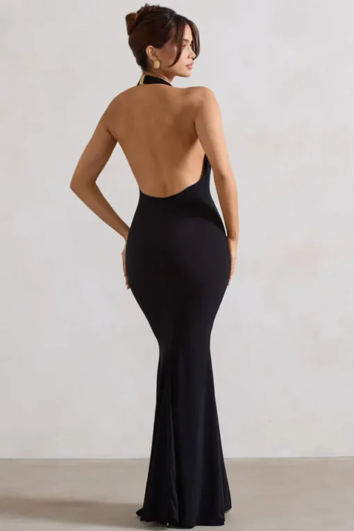 Milani | Black Backless Cowl Neck Fishtail Maxi Dress