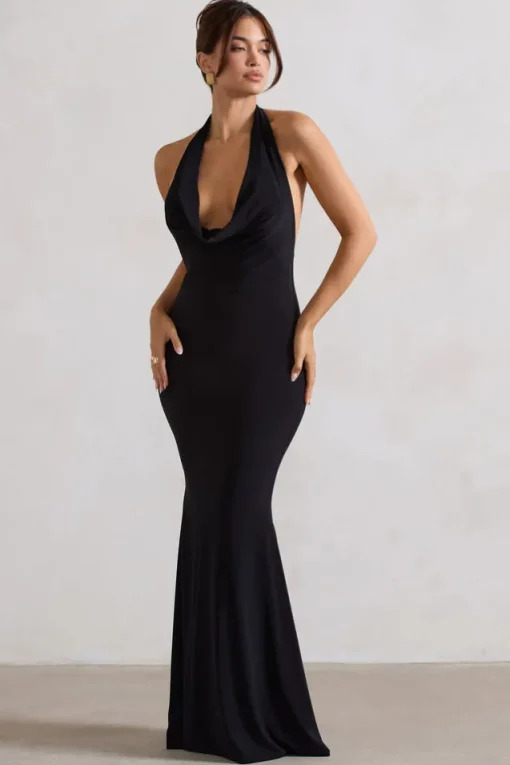 Milani | Black Backless Cowl Neck Fishtail Maxi Dress