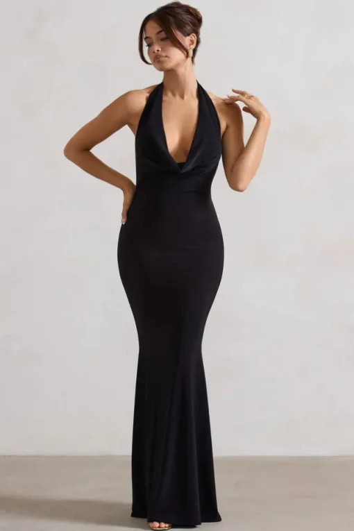Milani | Black Backless Cowl Neck Fishtail Maxi Dress