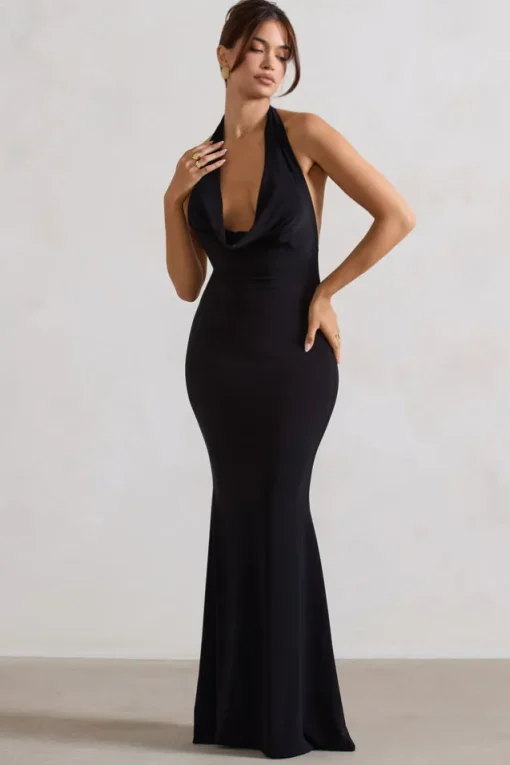 Milani | Black Backless Cowl Neck Fishtail Maxi Dress