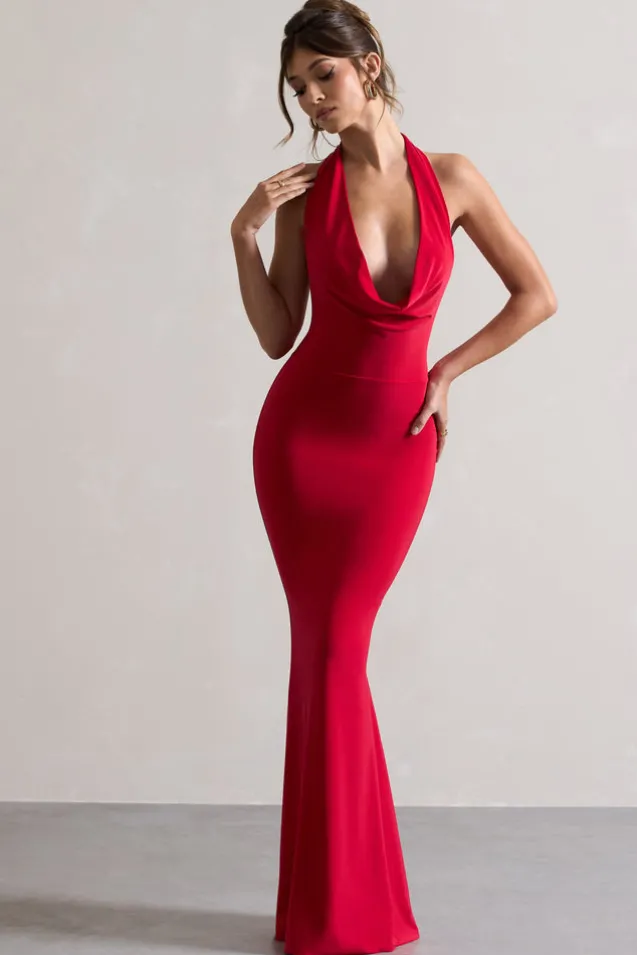Milani | Red Backless Cowl Neck Fishtail Maxi Dress