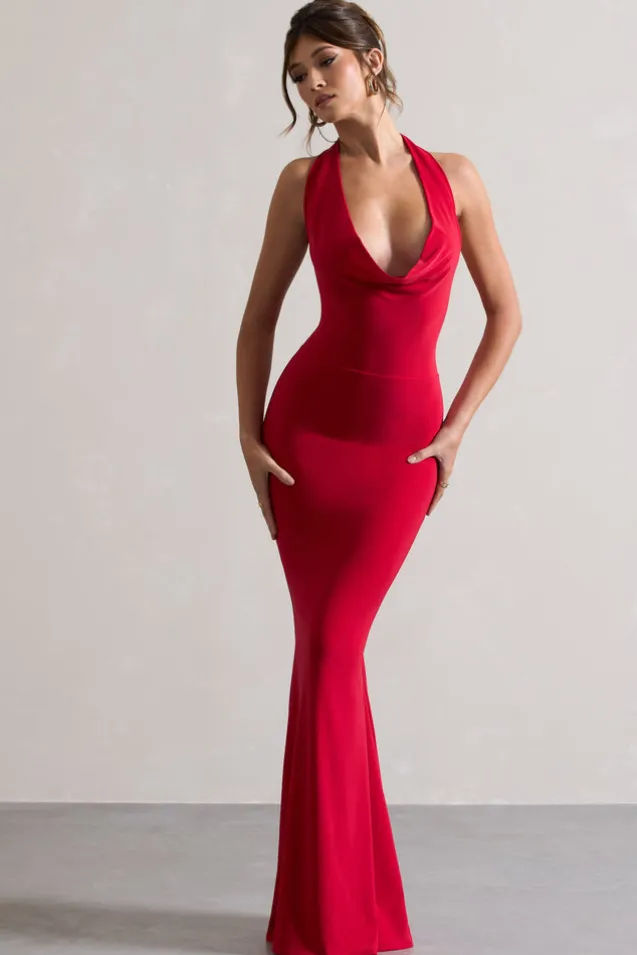 Milani | Red Backless Cowl Neck Fishtail Maxi Dress