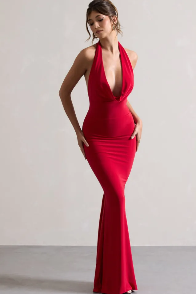 Milani | Red Backless Cowl Neck Fishtail Maxi Dress