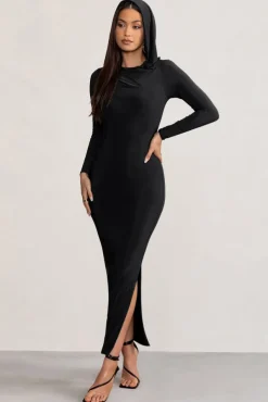 Milania | Black Backless Long Sleeve Maxi Dress with Hood