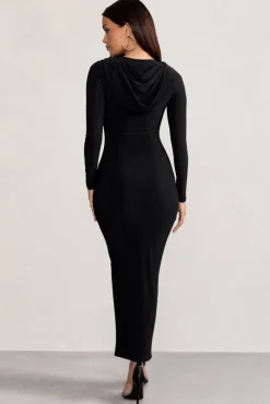 Milania | Black Backless Long Sleeve Maxi Dress with Hood