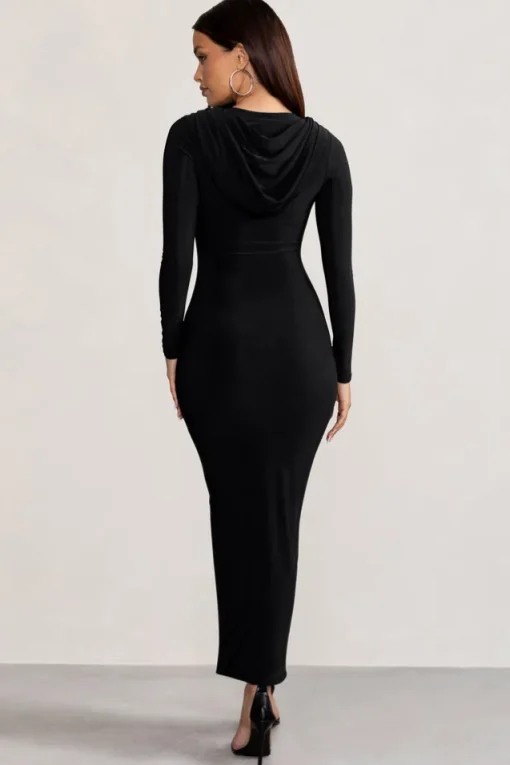 Milania | Black Backless Long Sleeve Maxi Dress with Hood