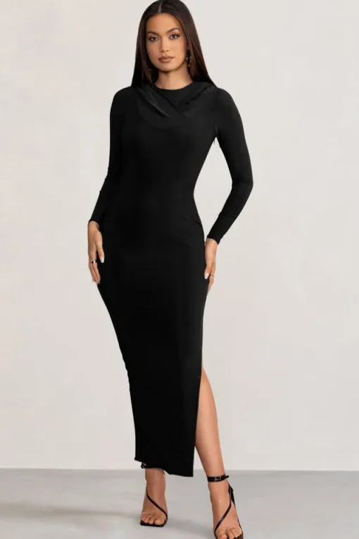Milania | Black Backless Long Sleeve Maxi Dress with Hood