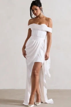 Milano | Cream Satin Bardot Maxi Dress With Detachable Skirt