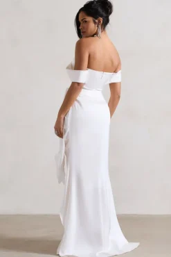 Milano | Cream Satin Bardot Maxi Dress With Detachable Skirt