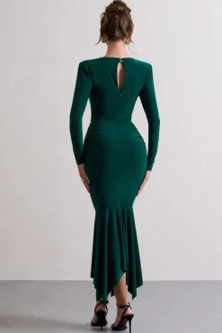 Milena | Bottle Green Plunge-Neck Maxi Dress With Draped Hem