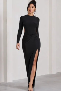 Miley | Black Long-Sleeved Open-Back Wrap Maxi Dress
