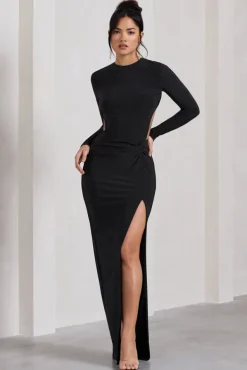 Miley | Black Long-Sleeved Open-Back Wrap Maxi Dress