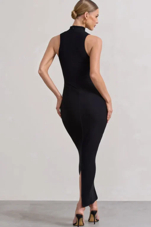 Mindy | Black Bodycon High-Neck Maxi Dress