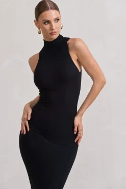 Mindy | Black Bodycon High-Neck Maxi Dress