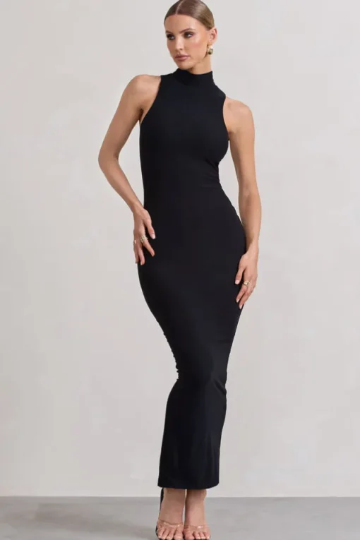 Mindy | Black Bodycon High-Neck Maxi Dress