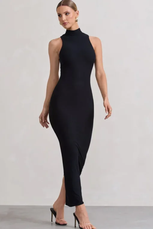 Mindy | Black Bodycon High-Neck Maxi Dress