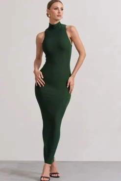 Mindy | Dark Green Bodycon High-Neck Maxi Dress