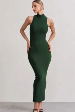 Mindy | Dark Green Bodycon High-Neck Maxi Dress