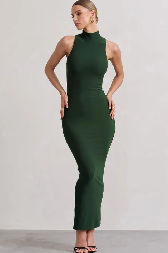 Mindy | Dark Green Bodycon High-Neck Maxi Dress