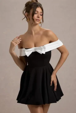 Minimoiselle | Black u0026 White Bow Bardot Mini Dress With Puff-Ball Skirt