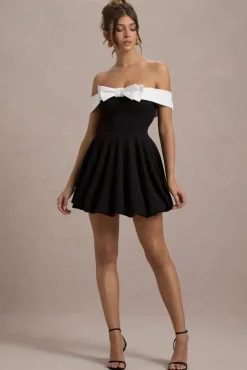 Minimoiselle | Black u0026 White Bow Bardot Mini Dress With Puff-Ball Skirt