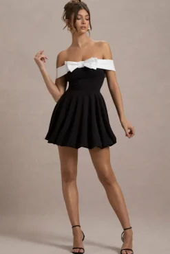 Minimoiselle | Black u0026 White Bow Bardot Mini Dress With Puff-Ball Skirt