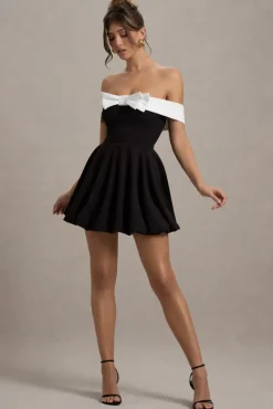 Minimoiselle | Black u0026 White Bow Bardot Mini Dress With Puff-Ball Skirt