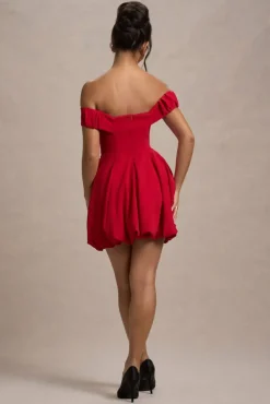 Minimoiselle | Red Bow Bardot Mini Dress With Puff-Ball Skirt