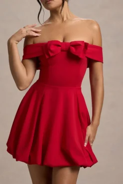 Minimoiselle | Red Bow Bardot Mini Dress With Puff-Ball Skirt