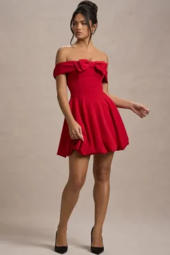 Minimoiselle | Red Bow Bardot Mini Dress With Puff-Ball Skirt