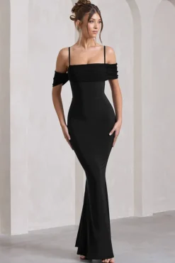 Miracle | Black Strappy Mesh Bardot Maxi Dress
