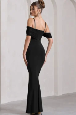 Miracle | Black Strappy Mesh Bardot Maxi Dress